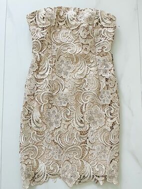 Caché Strapless Lace Sheath Dress in Beige/Cream size 8